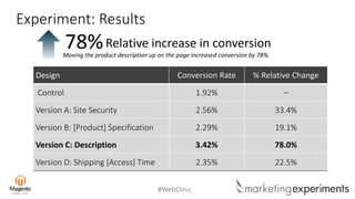 #WebClinic
Experiment: Results
Relative increase in conversion78%Moving the product description up on the page increased conversion by 78%.
Design Conversion Rate % Relative Change
Control 1.92% –
Version A: Site Security 2.56% 33.4%
Version B: [Product] Specification 2.29% 19.1%
Version C: Description 3.42% 78.0%
Version D: Shipping [Access] Time 2.35% 22.5%
 