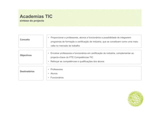Academias TIC
síntese do projecto




                      • Proporcionar a professores, alunos e funcionários a possibilidade de integrarem
Conceito
                        programas de formação e certificação de indústria, que se constituem como uma mais-
                        valia no mercado de trabalho


                      • Envolver professores e funcionários em certificação de indústria, complementar ao
Objectivos
  j
                        projecto-chave d PTE Competências TIC
                           j t h       do    C    tê i
                      • Reforçar as competências e qualificações dos alunos


                      • Professores
Destinatários
                      • Alunos
                      • Funcionários
 