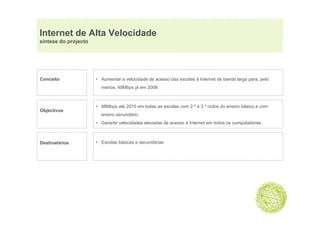 Internet de Alta Velocidade
síntese do projecto




Conceito              • Aumentar a velocidade de acesso das escolas à Internet de banda larga para, pelo
                        menos,
                        menos 48Mbps já em 2008



                      • 48Mbps até 2010 em todas as escolas com 2.º e 3.º ciclos do ensino básico e com
Objectivos
                        ensino secundário
                           i        dá i
                      • Garantir velocidades elevadas de acesso à Internet em todos os computadores



Destinatários         • Escolas básicas e secundárias
 