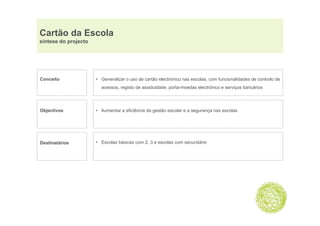 Cartão da Escola
síntese do projecto




Conceito              • Generalizar o uso de cartão electrónico nas escolas, com funcionalidades de controlo de
                        acessos,
                        acessos registo de assiduidade porta-moedas electrónico e serviços bancários
                                           assiduidade, porta moedas




Objectivos            • Aumentar a eficiência da gestão escolar e a segurança nas escolas




Destinatários         • Escolas básicas com 2, 3 e escolas com secundário
 