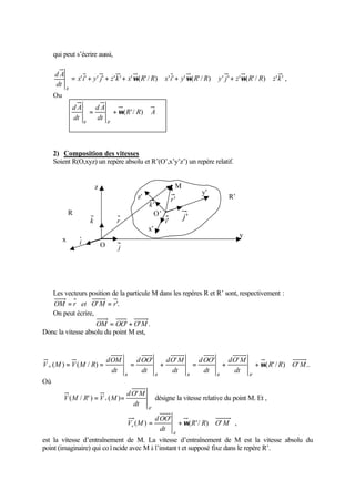 qui peut s’écrire aussi, 
. . . 
x i y j z k x R R x i y R R y j z R R z k 
' ' ' ' ' ' ' ( ' / ) ' ' ' ( ' / ) ' ' ' ( ' / ) ' ' , 
d A 
dt 
R 
= + + + w Ù + w Ù + w Ù 
Ou 
= + ( '/ ) Ù 
R R A 
d A 
dt 
d A 
dt 
R R 
' 
w 
2) Composition des vitesses 
Soient R(O,xyz) un repère absolu et R’(O’,x’y’z’) un repère relatif. 
x 
y 
z 
y’ 
z’ 
k ' 
R O’ 
O 
R’ 
i 
r 
j 
k 
M 
r ' 
i' j' 
x’ 
Les vecteurs position de la particule M dans les repères R et R’ sont, respectivement : 
OM = r et O'M = r'. 
On peut écrire, 
OM = OO' + O'M. 
Donc la vitesse absolu du point M est, 
a = = = + = + +w Ù 
Où 
( ' / ) ' .. 
' ' ' ' 
( ) ( / ) 
' 
R R O M 
dO M 
dt 
dOO 
dt 
dO M 
dt 
dOO 
dt 
dOM 
dt 
V M V M R 
R R R R R 
V M R = V M = désigne la vitesse relative du point M. Et , 
' 
dO ' 
M 
( / ' ) ( ) 
R 
r 
dt 
e = +w Ù 
( '/ ) ' , 
' 
dOO 
( ) R R O M 
dt 
V M 
R 
est la vitesse d’entraînement de M. La vitesse d’entraînement de M est la vitesse absolu du 
point (imaginaire) qui coïncide avec M à l’instant t et supposé fixe dans le repère R’. 
 