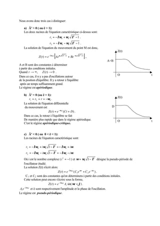 Nous avons donc trois cas à distinguer: 
a) Ä'  0 ( ou ë  1): 
Les deux racines de l'équation caractéristique ci-dessus sont: 
ïî 
ïí ì 
= - lw + w l 
- 
= - - - 
1 . 
1 . 
2 
r 
2 0 0 
2 
1 0 0 
lw w l 
r 
La solution de l'équation du mouvement du point M est donc, 
Z t e t [Ae 2 
1t Be 2 ] 
0 
1t ( ) = -lw0 w0 l - + -w l - , 
A et B sont des constantes à déterminer 
à partir des conditions initiales. 
Quand t ® ¥, Z(t) ® 0 . 
Dans ce cas, il n y a pas d'oscillations autour 
de la position d'équilibre. Il y a retour à l'équilibre 
après un temps suffisamment grand. 
Le régime est apériodique. 
b) Ä' = 0 (ou ë = 1): 
1 2 0 r = r = r = -w . 
La solution de l'équation différentielle 
du mouvement est: 
Z(t) = e -w0t (Ct + D) . 
Dans ce cas, le retour à l'équilibre se fait 
De manière plus rapide que dans le régime apériodique. 
C'est le régime apériodique-critique. 
c) Ä'  0 ( ou 0  ë  1): 
Les racines de l'équation caractéristique sont: 
ïî 
ïí ì 
= - + - = - + 
lw w l lw w 
r i i 
1 . 
= - - - = - - 
1 . 
0 
2 
2 0 0 
0 
2 
1 0 0 
lw w l lw w 
r i i 
Où i est le nombre complexe (i2 = -1 ) et 2 
0 w= w 1- l désigne la pseudo-période de 
l'oscillateur étudié. 
La solution Z(t) s'écrit alors: 
Z t = e -lw0t C eiwt +C e-iwt . 
( ) ( ) 1 2 
C1 et C2 sont des constantes qu'on déterminera à partir des conditions initiales. 
Cette solution peut encore s'écrire sous la forme, 
Z t = e-lw0t A wt +j . 
( ) sin( ) 1 
-lw et ö sont respectivement l'amplitude et la phase de l'oscillation. 
A e 0t 
1 
Le régime est pseudo-périodique. 
D 
Z(t) 
O t 
A+B 
Z(t) 
O t 
 