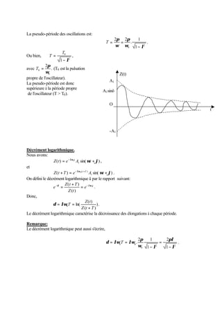 La pseudo-période des oscillations est: 
T = = . 
2 
p 
0 1 
1 
. 
p 
2 2 
w l 
w 
- 
Ou bien, 
0 
1- l 
2 
= 
T 
T , 
= 2 
p T (T0 est la pulsation 
avec . 
0 w 
0 
propre de l'oscillateur). 
La pseudo-période est donc 
supérieure à la période propre 
de l'oscillateur (T  T0). 
Décrément logarithmique. 
Nous avons: 
Z t = e-lw0t A wt +j , 
( ) sin( ) 1 
et 
A1 
O 
Z t +T = e-lw0( t +T ) A wt +j . 
( ) sin( ) 1 
On défini le décrément logarithmique ä par le rapport suivant: 
-d = Z ( t + T 
) = e -lw t 
. 
e 0 
Z t 
( ) 
Donc, 
d = lw = ) 
. 
Z t 
( ) 
ln( 0 Z t T 
( ) 
T 
+ 
Le décrément logarithmique caractérise la décroissance des élongations à chaque période. 
Remarque: 
Le décrément logarithmique peut aussi s'écrire, 
pl 
2 
= T = . 
2 2 
d lw lw p 
2 1 
. 
0 
0 0 
1 
1 
l 
w l 
- 
= 
- 
t 
A1sinö 
Z(t) 
-A1 
 