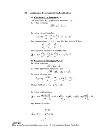III) Composantes des vecteurs vitesse et accélération. 
a) Coordonnées cartésiennes (x,y,z) 
Soit un référentiel R(O,xyz) fixe muni d’une base (i, j, k) . 
Le vecteur position est : 
OM = xi + y j + zk. 
Le vecteur vitesse s’écrit alors : 
dz 
k x i y j z k 
dt 
j 
dy 
dt 
dx 
i 
dt 
V M R 
. . . 
( / ) = + + = + + 
Les vecteurs unitaires i , j et k sont fixes dans le repère R, donc : 
d k 
d j 
= = = 0. 
dt 
dt 
R R R 
di 
dt 
Et l’accélération instantanée du point M s’écrit : 
d z 
.. .. .. 
g ( M / R ) = + + = + + 
. 
2 
2 
d y 
2 
2 
d x 
2 
2 
k x i y j z k 
dt 
j 
dt 
i 
dt 
b) Coordonnées cylindriques (r,j,z) : 
Le vecteur position est 
OM = re r + zk. 
Le vecteur déplacement élémentaire s’écrit : 
dOM = drer + rdjej + dzk. 
Le vecteur vitesse est alors : 
r r j 
dz 
( / ) . 
k 
dt 
= = r + e 
j + 
d 
dt 
d 
e 
dt 
dOM 
dt 
V M R 
R 
. . . 
V M R = re r + rjej + z k 
Ou bien ( / ) . 
Le vecteur accélération est: 
, 
dV M R 
( / ) 
g ( / ) 
r r r rj rj rj 
d e 
d e 
.. . . . .. . .. 
z k 
= = + + + + + j 
dt 
e e 
r 
dt 
e 
dt 
M R 
j j 
R R R 
Qui peut encore s'écrire: 
ì 
r rj 
ïï ï 
( / ) 2 
í 
ï ï ï 
î 
+ 
- 
= 
.. 
. 
2 
.. . . 
.. 
, , 
z 
M R 
e e k 
rj rj 
g 
r j 
Remarque: 
Dans le cas d'un mouvement plan, nous avons z = 0 et le vecteur accélération s'écrit alors: 
 