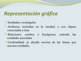 Representación gráfica
Entidades: rectángulos
Atributos: incluidos en la entidad, o con elipses
 conectadas a ésta
Relaciones: rombos o hexágonos, uniendo las
 entidades asociadas
Cardinalidad: se detalla encima de las líneas que
 asocian entidades
 
