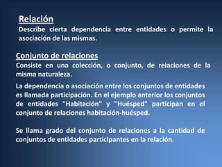 Relación
Describe cierta dependencia entre entidades o permite la
asociación de las mismas.

Conjunto de relaciones
Consiste en una colección, o conjunto, de relaciones de la
misma naturaleza.
La dependencia o asociación entre los conjuntos de entidades
es llamada participación. En el ejemplo anterior los conjuntos
de entidades "Habitación" y "Huésped" participan en el
conjunto de relaciones habitación-huésped.

Se llama grado del conjunto de relaciones a la cantidad de
conjuntos de entidades participantes en la relación.
 