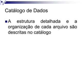Catálogo de Dados
 A estrutura detalhada e a
organização de cada arquivo são
descritas no catálogo
 