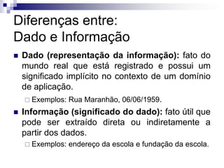 Diferenças entre:
Dado e Informação
 Dado (representação da informação): fato do
mundo real que está registrado e possui um
significado implícito no contexto de um domínio
de aplicação.
 Exemplos: Rua Maranhão, 06/06/1959.
 Informação (significado do dado): fato útil que
pode ser extraído direta ou indiretamente a
partir dos dados.
 Exemplos: endereço da escola e fundação da escola.
 