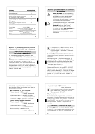 49
Functielijst Parameternummer
Schakelen/Dimmen/Rolluik 0
Schakelen enkelvlaks: 4
Deurbelfunctie 44
Rolluiken bewegen enkelvlaks; omschakelen
van de looprichting na elke schakeling
54
Rolluiken bewegen naar BENEDEN zolang
toets
wordt ingedrukt
52
Rolluiken bewegen naar BOVEN zolang toets
wordt ingedrukt
55
Z-wave begrip CONNECT-begrif
Inclusion Programmeren (zendt Node Info Frame), zie
beschrijving EASY CONNECT
Exclusion Terugzetten in de toestand bij levering,
deprogrammeren
Primary Apparaat met systeembeheer
50
¼
Peligro de muerte por descarga eléctrica.
Las tareas de montaje, instalación, cambio
de batería y eliminación de averías sólo
deben ser realizados por electricistas
profesionales. Se debe respetar la normativa
específica del país correspondiente.
½
La transmisión por radio tiene lugar a través
de una vía de transmisión que no es
exclusiva, por lo que no se pueden
descartar posibles interferencias. La
transmisión por radio no es adecuada para
aplicaciones de seguridad, p. ej.,
desconexión de emergencia o llamada de
emergencia.
Aspectos que se deben tener en cuenta por
su seguridad
51
Asimismo, se deben observar siempre las demás
indicaciones de seguridad de estas instrucciones.
En adelante nos referiremos al radioemisor para
empotrar UP CONNECT de 4 elementos como emisor
UP.
El emisor UP es un radioemisor a pilas que permite la
conexión de hasta cuatro contactos n.a. (p. ej.,
pulsadores). De este modo es posible integrar, entre
otros elementos, cualquier gama de interruptores del
sistema vía radio CONNECT de Merten. El emisor UP
puede instalarse, por ejemplo, bajo el pulsador o en una
caja para empotrar vacía.
Utilidades del radioemisor
UP CONNECT 4 elementos.
52
|
El radioemisor UP CONNECT dispone de una
detección de movimiento que detecta
automáticamente si un pulsador o interruptor
está conectado.
El emisor UP permite controlar a distancia todos los
receptores calificados del sistema vía radio CONNECT
de Merten.
Para poder controlar a distancia los receptores, es
necesario configurar el radioemisor UP CONNECT a un
pulsador/detector de movimiento encargado de la
gestión del sistema (véase la descripción separada
"Sistema vía radio CONNECT").
Funciones del sistema vía radio EASY CONNECT:
Para la conexión del emisor UP al sistema vía radio
EASY CONNECT, el emisor UP cuenta con dos canales
de función, siendo respectivamente las entradas E1 -
E2 y las E3 - E4 un canal de función. Mediante la
53
detección de ocupación también se reconoce
automáticamente si las dos entradas de un canal de
función están conectadas.
Sólo una entrada por canal conectada:
Pulsación breve de E1/E3:conmutar
o detener las persianas
Pulsación larga de E1/E3:regular la intensidad
o desplazar las persianas
Las entradas E2/E4 no deben estar conectadas.
Las dos entradas del canal conectadas:
Pulsación breve de E1/E3:accionar
o detener las persianas
Pulsación larga de E1/E3:aclarar
o subir las persianas
Pulsación breve de E2/E4:desconectar
o detener las persianas
54
Pulsación larga de E2/E4:oscurecer
o bajar las persianas
|
Encontrará una descripción del sistema vía radio
EASY CONNECT en la descripción separada
"Sistema vía radio CONNECT".
Otras funciones:
Su instalador puede programar otras funciones y
ajustes para el pulsador mediante las herramientas de
configuración de Merten adecuadas para el sistema vía
radio CONNECT (p. ej., activar/memorizar ambientes,
función de timbre, modificar la asignación de las
entradas).
El emisor UP funciona con una pila de botón de litio
(modelo: CR 2450). Una pila nueva tiene una vida útil de
aproximadamente dos años con un número máx. de
Colocación y sustitución de la pila
 