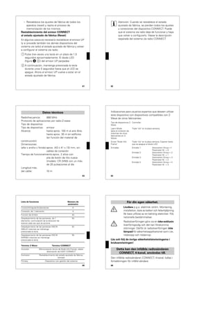 61
– Restablezca los ajustes de fábrica de todos los
aparatos (reset) y repita el proceso de
memorización de los mismos.
Restablecimiento del emisor CONNECT
al estado ajustado de fábrica (Reset)
En algunos casos es necesario restablecer el emisor UP
(y si procede también los demás dispositivos del
sistema vía radio) al estado ajustado de fábrica y volver
a configurar el sistema vía radio:
1 Pulse tres veces una tecla en un plazo de 1,5
segundos aproximadamente. El diodo LED
(figura $ A) del emisor UP parpadea.
2 A continuación, mantenga presionada la tecla
durante unos 5 segundos hasta que el LED se
apague. Ahora el emisor UP vuelve a estar en el
estado ajustado de fábrica.
62
|
Atención: Cuando se restablece el estado
ajustado de fábrica, se pierden todos los ajustes
y conexiones del dispositivo CONNECT. Puede
que el sistema vía radio deje de funcionar y haya
que volver a configurarlo. Véase la descripción
separada del sistema vía radio CONNECT.
63
Radiofrecuencia: 868 MHz
Protocolo de aplicaciones por radio:Z-wave
Tipo de dispositivo
Tipo de dispositivo: emisor
Alcance: hasta aprox. 100 m al aire libre,
hasta aprox. 30 m en edificios
(en función del material de
construcción)
Dimensiones:
(alto x ancho x fondo):aprox. (43 x 41 x 13) mm, sin
cables de conexión
Tiempo de funcionamiento:aprox. 2 años con
pila de botón de litio nueva
(modelo: CR 2450) con un máx.
de 20 pulsaciones al día
Longitud máx.
del cable: 10 m
Datos técnicos
64
Indicaciones para usuarios expertos que deseen utilizar
este dispositivo con dispositivos compatibles con Z-
Wave de otros fabricantes:
Tipo de dispositivos Z-
Wave
Controller
Learn Mode
(para la conexión de
sistemas de otros
fabricantes en Z-
Wave)
Triple "clic" en la placa sensora.
Enviar "Node Info
Frame"
Triple "clic" en la placa sensora. Esperar hasta
que se apague el diodo LED
Entradas Entrada 1: Association Group =1
Parameter Nr. = 0
Entrada 2: Association Group = 2
Parameter Nr. = 1
Entrada 3: Association Group = 3
Parameter Nr. = 2
Entrada 4: Association Group = 4
Parameter Nr. = 3
65
Lista de funciones Número de
parámetro
Conexión/regulación/persianas 0
Conexión, de 1 elemento: 4
Función de timbre 44
Desplazamiento de las persianas, de 1
elemento; conmutación de la dirección de
avance cada vez que se acciona
54
Desplazamiento de las persianas HACIA
ABAJO mientras se mantenga
presionada la tecla
52
Desplazamiento de las persianas HACIA
ARRIBA mientras se mantenga
presionada la tecla
55
Término Z-Wave Término CONNECT
Inclusion Memorización (envío de Node Info Frame), véase
descripción de EASY CONNECT
Exclusion Restablecimiento del estado ajustado de fábrica;
borrado
Primary Dispositivo con gestión del sistema
66
¼
Livsfara p.g.a. elektrisk ström. Montering,
installation, byte av batteri och felavhjälpning
får bara utföras av en behörig elektriker. Följ
nationella bestämmelser.
½
Radioöverföringen görs via en icke-exklusiv
överföringsväg och det kan förekomma
störningar. Därför är radioöverföringen inte
lämpad för säkerhetsapplikationer som t.ex.
nödstopp och nödanrop.
Läs och följ de övriga säkerhetshänvisningarna i
bruksanvisningen!
Den infällda radiosändaren CONNECT, 4-kanal, kallas i
fortsättningen för infälld sändare.
För din egen säkerhet.
Detta kan den infällda radiosändaren
CONNECT, 4-kanal, användas till.
 