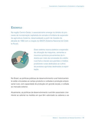 Módulo 2 - Associativismo de Interesse Econômico // 45
Associativismo, Cooperativismo e Sindicalismo no Agronegócio
Exemplo
Na região Centro-Oeste, o associativismo emerge no âmbito do pro-
cesso de incorporação capitalista do cerrado à fronteira de expansão
da agricultura moderna, desencadeado a partir de meados da
década de 1960 com a criação do SNCR (Sistema Nacional de Crédi-
to Rural).
Esse sistema visava acelerar a expansão
da utilização de máquinas, sementes e
insumos químicos provenientes da in-
dústria por meio da concessão do crédito
rural farto e barato aos grandes e médios
produtores rurais dedicados ao cultivo
de produtos agrícolas destinados à expor-
tação.
No Brasil, as políticas públicas de desenvolvimento rural historicamen-
te estão vinculadas ao campo produtivo e voltadas à produção empre-
sarial rural, com capacidade de produção em grande escala, e voltada
ao mercado exterior.
Atualmente, as políticas de desenvolvimento rural têm associado o ter-
ritorial ao setorial na medida em que têm valorizado os saberes e as
 
