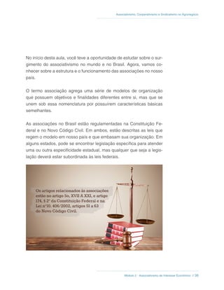 Módulo 2 - Associativismo de Interesse Econômico // 39
Associativismo, Cooperativismo e Sindicalismo no Agronegócio
No início desta aula, você teve a oportunidade de estudar sobre o sur-
gimento do associativismo no mundo e no Brasil. Agora, vamos co-
nhecer sobre a estrutura e o funcionamento das associações no nosso
país.
O termo associação agrega uma série de modelos de organização
que possuem objetivos e finalidades diferentes entre si, mas que se
unem sob essa nomenclatura por possuírem características básicas
semelhantes.
As associações no Brasil estão regulamentadas na Constituição Fe-
deral e no Novo Código Civil. Em ambos, estão descritas as leis que
regem o modelo em nosso país e que embasam sua organização. Em
alguns estados, pode se encontrar legislação específica para atender
uma ou outra especificidade estadual, mas qualquer que seja a legis-
lação deverá estar subordinada às leis federais.
 