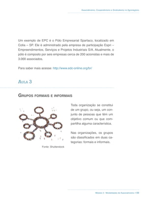 Módulo 3 - Modalidades de Associativismo // 68
Associativismo, Cooperativismo e Sindicalismo no Agronegócio
Um exemplo de EPC é o Pólo Empresarial Spartaco, localizado em
Cotia – SP. Ele é administrado pela empresa de participação Espri –
Empreendimentos, Serviços e Projetos Industriais S/A. Atualmente, o
pólo é composto por seis empresas cerca de 200 acionistas e mais de
3.000 associados.
Para saber mais acesse: http://www.edc-online.org/br/
AulA 3
GruPos forMais e inforMais
Fonte: Shutterstock
Toda organização se constitui
de um grupo, ou seja, um con-
junto de pessoas que têm um
objetivo comum ou que com-
partilha alguma característica.
Nas organizações, os grupos
são classificados em duas ca-
tegorias: formais e informais.
 