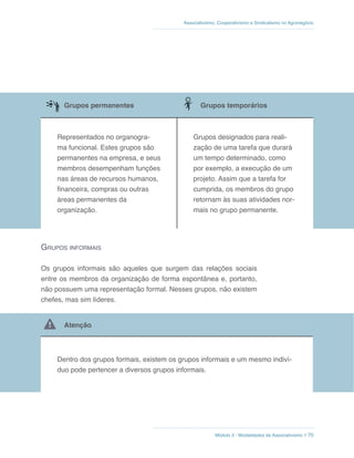 Módulo 3 - Modalidades de Associativismo // 70
Associativismo, Cooperativismo e Sindicalismo no Agronegócio
Grupos permanentes Grupos temporários
Representados no organogra-
ma funcional. Estes grupos são
permanentes na empresa, e seus
membros desempenham funções
nas áreas de recursos humanos,
financeira, compras ou outras
áreas permanentes da
organização.
Grupos designados para reali-
zação de uma tarefa que durará
um tempo determinado, como
por exemplo, a execução de um
projeto. Assim que a tarefa for
cumprida, os membros do grupo
retornam às suas atividades nor-
mais no grupo permanente.
Grupos informais
Os grupos informais são aqueles que surgem das relações sociais
entre os membros da organização de forma espontânea e, portanto,
não possuem uma representação formal. Nesses grupos, não existem
chefes, mas sim líderes.
 Atenção
Dentro dos grupos formais, existem os grupos informais e um mesmo indiví-
duo pode pertencer a diversos grupos informais.
 
