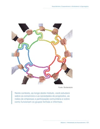 Módulo 3 - Modalidades de Associativismo // 53
Associativismo, Cooperativismo e Sindicalismo no Agronegócio
Fonte: Shutterstock
Neste contexto, ao longo deste módulo, você estudará
sobre os consórcios e as sociedades de propósitos, as
redes de empresas e participação comunitária e sobre
como funcionam os grupos formais e informais.
 