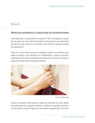 Módulo 4 - Cooperativismo Rural // 80
Associativismo, Cooperativismo e Sindicalismo no Agronegócio
AulA 2
aspeCtos HistóriCos e ConCeituais Do Cooperativismo
Você sabia que o cooperativismo surgiu em 1844, na Inglaterra, a partir
de um grupo de menos de 30 tecelões que buscavam uma alternativa
econômica para atuarem no mercado, sem sofrerem tantas pressões
do capitalismo?
Essa foi a forma desse grupo de tecelões reagirem ao sistema capi-
talista da época, que submetia os trabalhadores a preços abusivos,
exploração da jornada de trabalho de mulheres e crianças e do desem-
prego provocado pela revolução industrial.
Fonte: Shutterstock
Talvez os tecelões não tivessem noção da dimensão de suas ações,
mas eles estavam, naquele momento, mudando os padrões econômi-
cos da época e dando origem ao movimento cooperativista. No início,
 