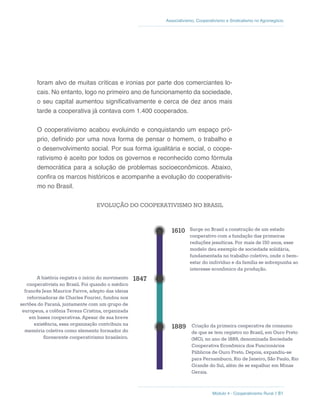 Módulo 4 - Cooperativismo Rural // 81
Associativismo, Cooperativismo e Sindicalismo no Agronegócio
foram alvo de muitas críticas e ironias por parte dos comerciantes lo-
cais. No entanto, logo no primeiro ano de funcionamento da sociedade,
o seu capital aumentou significativamente e cerca de dez anos mais
tarde a cooperativa já contava com 1.400 cooperados.
O cooperativismo acabou evoluindo e conquistando um espaço pró-
prio, definido por uma nova forma de pensar o homem, o trabalho e
o desenvolvimento social. Por sua forma igualitária e social, o coope-
rativismo é aceito por todos os governos e reconhecido como fórmula
democrática para a solução de problemas socioeconômicos. Abaixo,
confira os marcos históricos e acompanhe a evolução do cooperativis-
mo no Brasil.
EVOLUÇÃO DO COOPERATIVISMO NO BRASIL
Surge no Brasil a construção de um estado
cooperativo com a fundação das primeiras
reduções jesuíticas. Por mais de 150 anos, esse
modelo deu exemplo de sociedade solidária,
fundamentada no trabalho coletivo, onde o bem-
estar do indivíduo e da família se sobrepunha ao
interesse econômico da produção.
Criação da primeira cooperativa de consumo
de que se tem registro no Brasil, em Ouro Preto
(MG), no ano de 1889, denominada Sociedade
Cooperativa Econômica dos Funcionários
Públicos de Ouro Preto. Depois, expandiu-se
para Pernambuco, Rio de Janeiro, São Paulo, Rio
Grande do Sul, além de se espalhar em Minas
Gerais.
A história registra o início do movimento
cooperativista no Brasil. Foi quando o médico
francês Jean Maurice Faivre, adepto das ideias
reformadoras de Charles Fourier, fundou nos
sertões do Paraná, juntamente com um grupo de
europeus, a colônia Tereza Cristina, organizada
em bases cooperativas. Apesar de sua breve
existência, essa organização contribuiu na
memória coletiva como elemento formador do
florescente cooperativismo brasileiro.
 