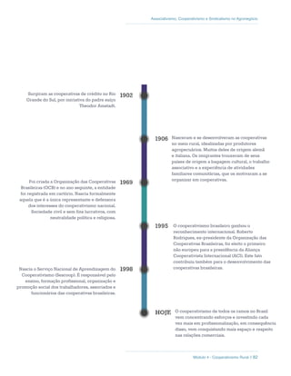 Módulo 4 - Cooperativismo Rural // 82
Associativismo, Cooperativismo e Sindicalismo no Agronegócio
Nasceram e se desenvolveram as cooperativas
no meio rural, idealizadas por produtores
agropecuários. Muitos deles de origem alemã
e italiana. Os imigrantes trouxeram de seus
países de origem a bagagem cultural, o trabalho
associativo e a experiência de atividades
familiares comunitárias, que os motivaram a se
organizar em cooperativas.
O cooperativismo brasileiro ganhou o
reconhecimento internacional. Roberto
Rodrigues, ex-presidente da Organização das
Cooperativas Brasileiras, foi eleito o primeiro
não europeu para a presidência da Aliança
Cooperativista Internacional (ACI). Este fato
contribuiu também para o desenvolvimento das
cooperativas brasileiras.
Surgiram as cooperativas de crédito no Rio
Grande do Sul, por iniciativa do padre suíço
Theodor Amstadt.
Foi criada a Organização das Cooperativas
Brasileiras (OCB) e no ano seguinte, a entidade
foi registrada em cartório. Nascia formalmente
aquela que é a única representante e defensora
dos interesses do cooperativismo nacional.
Sociedade civil e sem fins lucrativos, com
neutralidade política e religiosa.
Nascia o Serviço Nacional de Aprendizagem do
Cooperativismo (Sescoop). É responsável pelo
ensino, formação profissional, organização e
promoção social dos trabalhadores, associados e
funcionários das cooperativas brasileiras.
O cooperativismo de todos os ramos no Brasil
vem concentrando esforços e investindo cada
vez mais em profissionalização, em consequência
disso, vem conquistando mais espaço e respeito
nas relações comerciais.
 