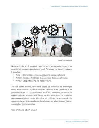 Módulo 4 - Cooperativismo Rural // 75
Associativismo, Cooperativismo e Sindicalismo no Agronegócio
Fonte: Shutterstock
Neste módulo, você estudará mais de perto as particularidades e as
características do cooperativismo rural. Para isso, ele está dividido em
três aulas:
• Aula 1: Diferenças entre associativismo e cooperativismo
• Aula 2: Aspectos históricos e conceituais do cooperativismo
• Aula 3: Cooperativismo e o negócio rural
Ao final deste módulo, você será capaz de identificar as diferenças
entre associativismo e cooperativismo, reconhecer os princípios e as
particularidades do cooperativismo no Brasil, identificar os ramos do
cooperativismo, analisar a dinâmica de funcionamento de organiza-
ções cooperativistas rurais, identificar as políticas para expansão do
cooperativismo rural e avaliar os benefícios e as adversidades das or-
ganizações cooperativistas.
Siga em frente e bom estudo!
 