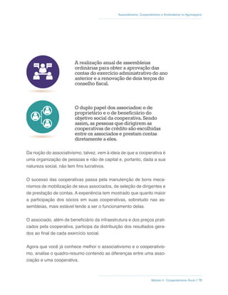 Módulo 4 - Cooperativismo Rural // 78
Associativismo, Cooperativismo e Sindicalismo no Agronegócio
A realização, no máximo a cada quatro
anos, das eleições para o conselho de
administração, ocasião em que é
analisado o desempenho dos dirigentes e
em que eles são eleitos pela comunidade
envolvida.
O duplo papel dos associados: o de
proprietário e o de beneficiário do
objetivo social da cooperativa. Sendo
assim, as pessoas que dirigirem as
cooperativas de crédito são escolhidas
entre os associados e prestam contas
diretamente a eles.
A realização anual de assembleias
ordinárias para obter a aprovação das
contas do exercício administrativo do ano
anterior e a renovação de dois terços do
conselho fiscal.
Da noção do associativismo, talvez, vem à ideia de que a cooperativa é
uma organização de pessoas e não de capital e, portanto, dada a sua
natureza social, não tem fins lucrativos.
O sucesso das cooperativas passa pela manutenção de bons meca-
nismos de mobilização de seus associados, de seleção de dirigentes e
de prestação de contas. A experiência tem mostrado que quanto maior
a participação dos sócios em suas cooperativas, sobretudo nas as-
sembleias, mais estável tende a ser o funcionamento delas.
O associado, além de beneficiário da infraestrutura e dos preços prati-
cados pela cooperativa, participa da distribuição dos resultados gera-
dos ao final de cada exercício social.
Agora que você já conhece melhor o associativismo e o cooperativis-
mo, analise o quadro-resumo contendo as diferenças entre uma asso-
ciação e uma cooperativa.
 