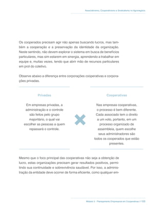 Módulo 5 - Planejamento Empresarial em Cooperativas // 103
Associativismo, Cooperativismo e Sindicalismo no Agronegócio
Os cooperados precisam agir não apenas buscando lucros, mas tam-
bém a cooperação e a preservação da identidade da organização.
Neste sentindo, não devem explorar o sistema em busca de benefícios
particulares, mas sim estarem em sinergia, aprendendo a trabalhar em
equipe e, muitas vezes, tendo que abrir mão de recursos particulares
em prol do coletivo.
Observe abaixo a diferença entre corporações cooperativas e corpora-
ções privadas.
Privadas Cooperativas
Em empresas privadas, a
administração e o controle
são feitos pelo grupo
majoritário, o qual vai
escolher as pessoas a quem
repassará o controle.
Nas empresas cooperativas,
o processo é bem diferente.
Cada associado tem o direito
a um voto, portanto, em um
processo organizado de
assembleia, quem escolhe
seus administradores são
todos os cooperados que estão
presentes.
Mesmo que o foco principal das cooperativas não seja a obtenção de
lucro, estas organizações precisam gerar resultados positivos, permi-
tindo sua continuidade e sobrevivência saudável. Por isso, a adminis-
tração da entidade deve ocorrer de forma eficiente, como qualquer em-
 