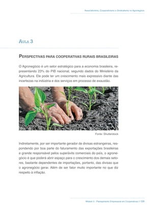 Módulo 5 - Planejamento Empresarial em Cooperativas // 109
Associativismo, Cooperativismo e Sindicalismo no Agronegócio
AulA 3
PersPeCtivas Para CooPerativas rUrais Brasileiras
O Agronegócio é um setor estratégico para a economia brasileira, re-
presentando 23% do PIB nacional, segundo dados do Ministério da
Agricultura. Ele pode ter um crescimento mais expressivo diante das
incertezas na indústria e dos serviços em processo de exaustão.
Fonte: Shutterstock
Indiretamente, por ser importante gerador de divisas estrangeiras, res-
pondendo por boa parte do faturamento das exportações brasileiras
e grande responsável pelos superávits comerciais do país, o agrone-
gócio é que poderá abrir espaço para o crescimento dos demais seto-
res, bastante dependentes de importações, portanto, das divisas que
o agronegócio gerar. Além de ser fator muito importante no que diz
respeito à inflação.
 