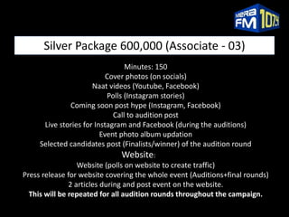 Silver Package 600,000 (Associate - 03)
Minutes: 150
Cover photos (on socials)
Naat videos (Youtube, Facebook)
Polls (Inst...
