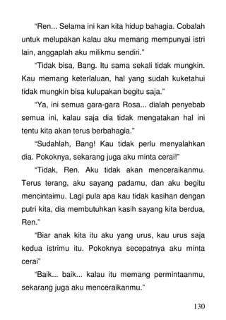130
“Ren... Selama ini kan kita hidup bahagia. Cobalah
untuk melupakan kalau aku memang mempunyai istri
lain, anggaplah aku milikmu sendiri.”
“Tidak bisa, Bang. Itu sama sekali tidak mungkin.
Kau memang keterlaluan, hal yang sudah kuketahui
tidak mungkin bisa kulupakan begitu saja.”
“Ya, ini semua gara-gara Rosa... dialah penyebab
semua ini, kalau saja dia tidak mengatakan hal ini
tentu kita akan terus berbahagia.”
“Sudahlah, Bang! Kau tidak perlu menyalahkan
dia. Pokoknya, sekarang juga aku minta cerai!”
“Tidak, Ren. Aku tidak akan menceraikanmu.
Terus terang, aku sayang padamu, dan aku begitu
mencintaimu. Lagi pula apa kau tidak kasihan dengan
putri kita, dia membutuhkan kasih sayang kita berdua,
Ren.”
“Biar anak kita itu aku yang urus, kau urus saja
kedua istrimu itu. Pokoknya secepatnya aku minta
cerai”
“Baik... baik... kalau itu memang permintaanmu,
sekarang juga aku menceraikanmu.”
 