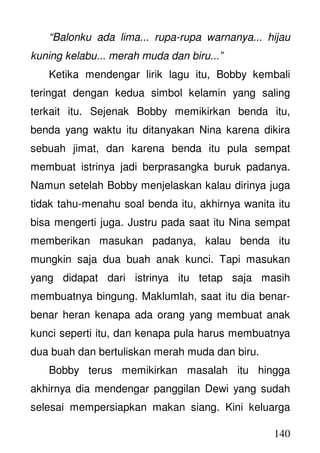 140
“Balonku ada lima... rupa-rupa warnanya... hijau
kuning kelabu... merah muda dan biru...”
Ketika mendengar lirik lagu itu, Bobby kembali
teringat dengan kedua simbol kelamin yang saling
terkait itu. Sejenak Bobby memikirkan benda itu,
benda yang waktu itu ditanyakan Nina karena dikira
sebuah jimat, dan karena benda itu pula sempat
membuat istrinya jadi berprasangka buruk padanya.
Namun setelah Bobby menjelaskan kalau dirinya juga
tidak tahu-menahu soal benda itu, akhirnya wanita itu
bisa mengerti juga. Justru pada saat itu Nina sempat
memberikan masukan padanya, kalau benda itu
mungkin saja dua buah anak kunci. Tapi masukan
yang didapat dari istrinya itu tetap saja masih
membuatnya bingung. Maklumlah, saat itu dia benar-
benar heran kenapa ada orang yang membuat anak
kunci seperti itu, dan kenapa pula harus membuatnya
dua buah dan bertuliskan merah muda dan biru.
Bobby terus memikirkan masalah itu hingga
akhirnya dia mendengar panggilan Dewi yang sudah
selesai mempersiapkan makan siang. Kini keluarga
 