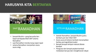 HARUSNYA KITA BERTAKWA
SAATRAMADHAN SETELAH RAMADHAN
• banyak Muslim—yang berusaha ber-
taqarrub kepada Allah SWT selama
Ramadhan
• saat Ramadhan mereka tutup rapat-rapat
• selama Ramadhan menyiarkan acara-
acara religi.
• Setelah Ramadhan, banyak Muslim justru
kembali jauh dari Allah SWT
• Acara-acara di televisi kembali menampilkan
berbau pornografi/pornoaksi
• Banyak tempat-tempat maksiat dibuka
kembali
• Penguasa dan banyak pejabat kembali
melakukan korupsi dan mengkhianati rakyat
 