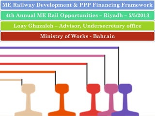 ME Railway Development & PPP Financing Framework
4th Annual ME Rail Opportunities – Riyadh – 5/5/2013
Loay Ghazaleh – Advisor, Undersecretary office
Ministry of Works - Bahrain
1
 