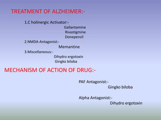 TREATMENT OF ALZHEIMER:-
1.C holinergic Activator:-
Gallantamine
Rivastigmine
Donepenzil
2.NMDA-Antagonist:-
Memantine
3.Miscellaneous:-
Dihydro ergotoxin
Gingko biloba
MECHANISM OF ACTION OF DRUG:-
PAF Antagonist:-
Gingko biloba
Alpha Antagonist:-
Dihydro ergotoxin
 