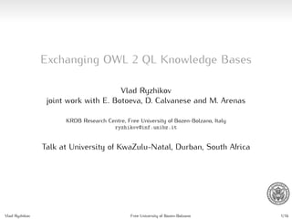 Exchanging OWL 2 QL Knowledge Bases
Vlad Ryzhikov
joint work with E. Botoeva, D. Calvanese and M. Arenas
KRDB Research Centre, Free University of Bozen-Bolzano, Italy
ryzhikov@inf.unibz.it

Talk at University of KwaZulu-Natal, Durban, South Africa

Vlad Ryzhikov

Free University of Bozen-Bolzano

1/16

 