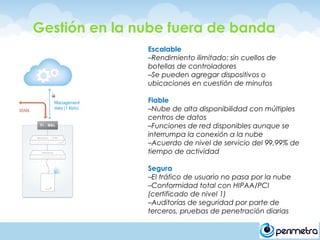 Gestión en la nube fuera de banda
               Escalable
               –Rendimiento ilimitado: sin cuellos de
               botellas de controladores
               –Se pueden agregar dispositivos o
               ubicaciones en cuestión de minutos

               Fiable
               –Nube de alta disponibilidad con múltiples
               centros de datos
               –Funciones de red disponibles aunque se
               interrumpa la conexión a la nube
               –Acuerdo de nivel de servicio del 99,99% de
               tiempo de actividad

               Segura
               –El tráfico de usuario no pasa por la nube
               –Conformidad total con HIPAA/PCI
               (certificado de nivel 1)
               –Auditorías de seguridad por parte de
               terceros, pruebas de penetración diarias
 