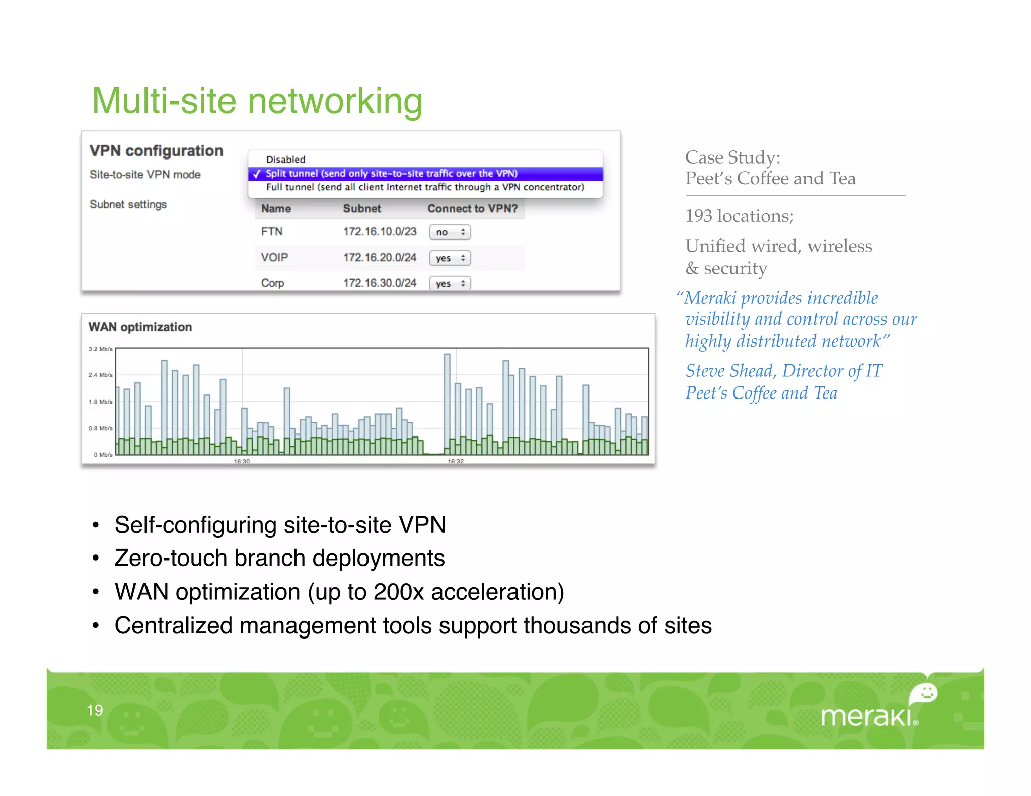 Multi-site networking!
                                                          Case Study:!
                                                          Peet’s Coffee and Tea"

                                                          193 locations;"
                                                          Uniﬁed wired, wireless !
                                                          & security!
                                                         “Meraki provides incredible
                                                          visibility and control across our
                                                          highly distributed network”!
                                                          Steve Shead, Director of IT"
                                                          Peet’s Coffee and Tea!




•     Self-conﬁguring site-to-site VPN!
•     Zero-touch branch deployments!
•     WAN optimization (up to 200x acceleration)!
•     Centralized management tools support thousands of sites!


19!
 