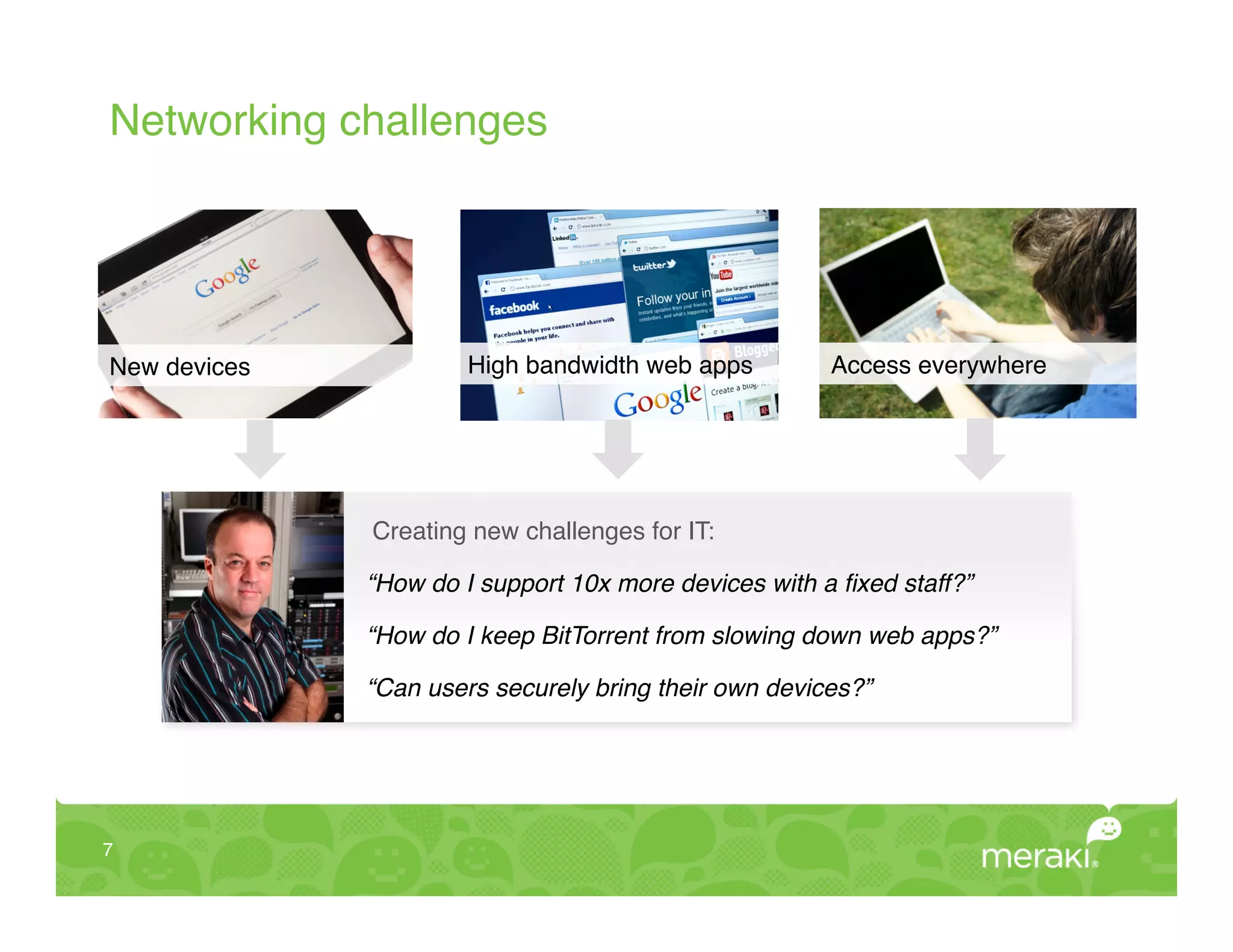 Networking challenges!




New devices!            High bandwidth web apps!        Access everywhere!




               Creating new challenges for IT:!

               “How do I support 10x more devices with a ﬁxed staff?”!

               “How do I keep BitTorrent from slowing down web apps?”!

               “Can users securely bring their own devices?”!




7!
 