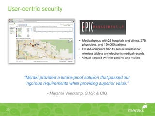 User-centric security




                                   • Medical group with 22 hospitals and clinics, 275
                                     physicians, and 150,000 patients
                                   • HIPAA-compliant 802.1x secure wireless for
                                     wireless tablets and electronic medical records
                                   • Virtual isolated WiFi for patients and visitors




      “Meraki provided a future-proof solution that passed our
       rigorous requirements while providing superior value.”

                  - Marshall Veerkamp, S.V.P. & CIO



20
 