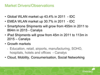 Market Drivers/Observations

• Global WLAN market up 43.4% in 2011 - IDC
• EMEA WLAN market up 30.7% in 2011 - IDC
• Smartphone Shipments will grow from 455m in 2011 to
  864m in 2015 - Canalys
• iPad Shipments will grow from 45m in 2011 to 113m in
  2015 – Canalys
• Growth markets
  - Education, retail, airports, manufacturing, SOHO,
    hospitals, hotels and offices - Canalys
• Cloud, Mobility, Consumerisation, Social Networking


3
 