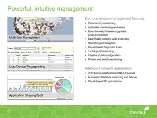 Powerful, intuitive management
                              Comprehensive management features:
                              • Zero-touch provisioning
                              • Automatic monitoring and alerts
                              • Over-the-web firmware upgrades
                                (user-scheduled)
 Multi-Site Management        • Searchable network-wide event log
                              • Reporting and analytics
                              • Cloud-based diagnostic tools
                              • 1-click port forwarding
                              • Intuitive VLAN configuration
                              • Printer and switch monitoring

 User/Device Fingerprinting
                              Intelligent network automation
                              • VPN tunnel establishment/NAT traversal
                              • Automatic WAN link balancing and failover
                              • Cloud-based RF optimization




 Application Shaping/QoS




13
 
