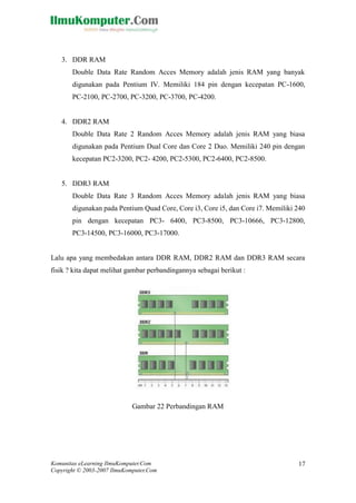 Komunitas eLearning IlmuKomputer.Com 
Copyright © 2003-2007 IlmuKomputer.Com 
17 
3. DDR RAM 
Double Data Rate Random Acces Memory adalah jenis RAM yang banyak digunakan pada Pentium IV. Memiliki 184 pin dengan kecepatan PC-1600, PC-2100, PC-2700, PC-3200, PC-3700, PC-4200. 
4. DDR2 RAM 
Double Data Rate 2 Random Acces Memory adalah jenis RAM yang biasa digunakan pada Pentium Dual Core dan Core 2 Duo. Memiliki 240 pin dengan kecepatan PC2-3200, PC2- 4200, PC2-5300, PC2-6400, PC2-8500. 
5. DDR3 RAM 
Double Data Rate 3 Random Acces Memory adalah jenis RAM yang biasa digunakan pada Pentium Quad Core, Core i3, Core i5, dan Core i7. Memiliki 240 pin dengan kecepatan PC3- 6400, PC3-8500, PC3-10666, PC3-12800, PC3-14500, PC3-16000, PC3-17000. 
Lalu apa yang membedakan antara DDR RAM, DDR2 RAM dan DDR3 secara fisik ? kita dapat melihat gambar perbandingannya sebagai berikut : 
Gambar 22 Perbandingan RAM 
 