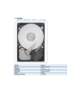 E.STORAGE
SEAGATE BARRACUDA GREEN 1.5TB 5900

Vendor
Versi
Kapasitas
Interface
Data Rate
Cache
Kecepatan Putaran

Seagate
Barracuda Green
1.5 TB
SATA 6 GB/s NCQ
Hingga 144 MB/s
64 MB
5900 RPM

 