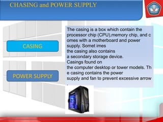 CHASING and POWER SUPPLY
CASING
The casing is a box which contain the
processor chip (CPU),memory chip, and c
omes with a motherboard and power
supply. Somet imes
the casing also contains
a secondary storage device.
Casings found on
the computer desktop or tower models. Th
e casing contains the power
supply and fan to prevent excessive arrow
.
POWER SUPPLY
 