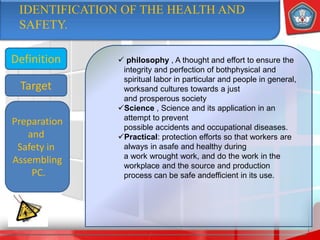 IDENTIFICATION OF THE HEALTH AND
SAFETY.
Definition  philosophy , A thought and effort to ensure the
integrity and perfection of bothphysical and
spiritual labor in particular and people in general,
worksand cultures towards a just
and prosperous society
Science , Science and its application in an
attempt to prevent
possible accidents and occupational diseases.
Practical: protection efforts so that workers are
always in asafe and healthy during
a work wrought work, and do the work in the
workplace and the source and production
process can be safe andefficient in its use.
Target
Preparation
and
Safety in
Assembling
PC.
 
