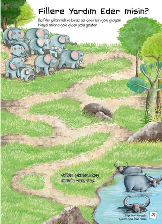 21Bilge Nur Karagöz
Çizim: Ayşe İnan Alican
Fillere Yardım Eder misin?
Bu filler yıkanmak ve biraz su içmek için göle gidiyor.
Haydi onlara göle giden yolu göster.
Gölde yıkanan kaç
manda var, say.
 