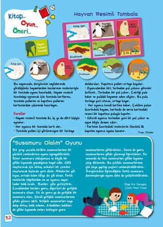 Kitap...
Oyun...
Öneri...
32
Bu sayımızda, dergimizin sayfalarında
gördüğünüz hayvanlardan bazılarının resimleriyle
bir tombala oyunu hazırladık. Hayvan resimli
tombalayı oynamak için tombala kartlarını,
tombala pullarını ve kapatma pullarını
kartonlardan çıkararak hazırlayın.
Kurallar
• Hayvan resimli tombala iki, üç ya da dört kişiyle
oynanır.
• Her oyuncu bir tombala kartı alır.
• Tombala pulları içi görünmeyen bir torbaya
doldurulur. Kapatma pulları ortaya koyulur.
• Oyunculardan biri, torbadan pul çekme görevini
üstlenir. Torbadan bir pul çeker. Çektiği pula
bakar ve puldaki hayvanın adını söyler. Bu pulu
torbaya geri atmaz, ortaya koyar.
• Her oyuncu kendi kartına bakar. Çekilen pulun
üzerindeki hayvan, kartında da varsa kartındaki
resmi bir kapatma puluyla kapatır.
• Görevli oyuncu torbadan yeni bir pul çeker ve
oyun böyle devam eder.
• Kartının üzerindeki resimlerin tümünü ilk
kapatan oyuncu oyunu kazanır.
Bilge Nur Karagöz
Çizim: Nazlı Tunalı
Hayvan Resimli Tombala
Bir grup çocukla birlikte susamurlarının bir
gününü canlandırma oyunu oynayabilirsiniz.
Birer susamuru olduğunuzu ve büyük bir
gölün kıyısında yaşadığınızı hayal edin. Gölü
oluşturmak için birkaç minderi bir çember
oluşturacak biçimde yere dizin. Minderler göl
kıyısı, ortada kalan bölge de göl olsun. Farklı
renklerde kâğıtlardan en az oyuncu sayısı
kadar balık kesin. Bunları göle yerleştirin.
Çocuklardan bazıları yavru, diğerleri de yetişkin
susamuru olsun. Siz de yavru ya da yetişkin bir
susamuru olun. Şimdi yetişkin susamurlarının
gölde yüzme vakti. Yetişkin susamurları suya
dalıp birkaç balık avlasın. Avladıkları balıkları
da gölün kıyısında onları bekleyen yavru
susamurlarına götürsünler. Sonra da yavru
susamurlarına gölde yüzmeyi öğretsinler. En
sonunda da tüm susamurları gölün kıyısına
çıkıp dinlensin. Bu şekilde susamurlarının
gün boyu yaptığı şeyleri canlandırabilirsiniz.
Dergimizden öğrendiğiniz farklı susamuru
davranışlarıyla oyunu daha da geliştirebilirsiniz.
“Susamuru Olalım” Oyunu
Pınar Dündar
 