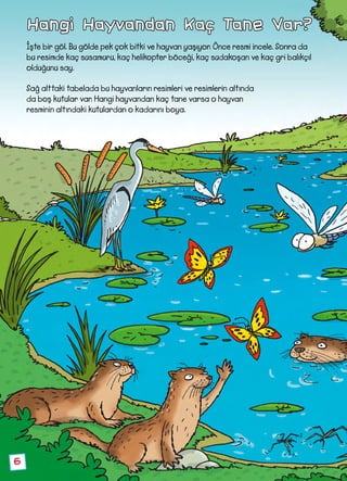 6
Hangi Hayvandan Kaç Tane Var?
İşte bir göl. Bu gölde pek çok bitki ve hayvan yaşıyor. Önce resmi incele. Sonra da
bu resimde kaç susamuru, kaç helikopter böceği, kaç sudakoşan ve kaç gri balıkçıl
olduğunu say.
Sağ alttaki tabelada bu hayvanların resimleri ve resimlerin altında
da boş kutular var. Hangi hayvandan kaç tane varsa o hayvan
resminin altındaki kutulardan o kadarını boya.
 