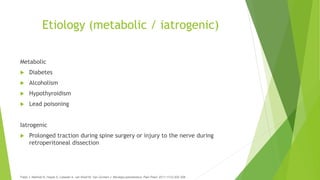 Etiology (metabolic / iatrogenic)
Metabolic
 Diabetes
 Alcoholism
 Hypothyroidism
 Lead poisoning
Iatrogenic
 Prolonged traction during spine surgery or injury to the nerve during
retroperitoneal dissection
Patijn J, Mekhail N, Hayek S, Lataster A, van Kleef M, Van Zundert J. Meralgia paresthetica. Pain Pract. 2011;11(3):302-308.
 
