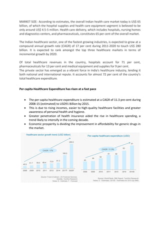 MARKET SIZE: According to estimates, the overall Indian health care market today is US$ 65
billion, of which the hospital supplies and health care equipment segment is believed to be
only around US$ 4.5-5 million. Health care delivery, which includes hospitals, nursing homes
and diagnostics centers, and pharmaceuticals, constitutes 65 per cent of the overall market.
The Indian healthcare sector, one of the fastest growing industries, is expected to grow at a
compound annual growth rate (CAGR) of 17 per cent during 2011-2020 to touch US$ 280
billion. It is expected to rank amongst the top three healthcare markets in terms of
incremental growth by 2020.
Of total healthcare revenues in the country, hospitals account for 71 per cent,
pharmaceuticals for 13 per cent and medical equipment and supplies for 9 per cent.
The private sector has emerged as a vibrant force in India's healthcare industry, lending it
both national and international repute. It accounts for almost 72 per cent of the country’s
total healthcare expenditure.
Per capita Healthcare Expenditure has risen at a fast pace
 The per capita healthcare expenditure is estimated at a CAGR of 11.3 pre cent during
2008-15 (estimated) to USD91 Billion by 2015.
 This is due to rising incomes, easier to high-quality healthcare facilities and greater
awareness of personal health and hygiene.
 Greater penetration of health insurance aided the rise in healthcare spending, a
trend likely to intensify in the coming decade.
 Economic prosperity is dividing the improvement in affordability for generic drugs in
the market.
 