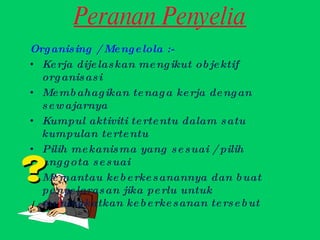 Peranan Penyelia Organising / Mengelola :- Kerja dijelaskan mengikut objektif organisasi Membahagikan tenaga kerja dengan sewajarnya Kumpul aktiviti tertentu dalam satu kumpulan tertentu Pilih mekanisma yang sesuai / pilih anggota sesuai Memantau keberkesanannya dan buat penyelarasan jika perlu untuk meningkatkan keberkesanan tersebut 