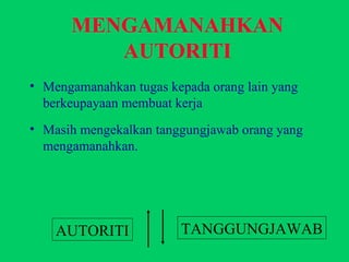 MENGAMANAHKAN AUTORITI Mengamanahkan tugas kepada orang lain yang berkeupayaan membuat kerja Masih mengekalkan tanggungjawab orang yang mengamanahkan. AUTORITI TANGGUNGJAWAB 